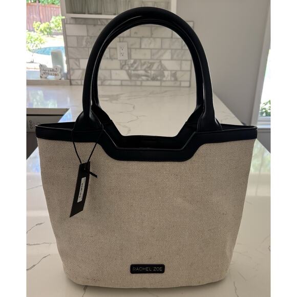 NWT Rachel Zoe Natural Cream with Black Leather Tote Bag Top Handle Purse - Picture 2 of 6